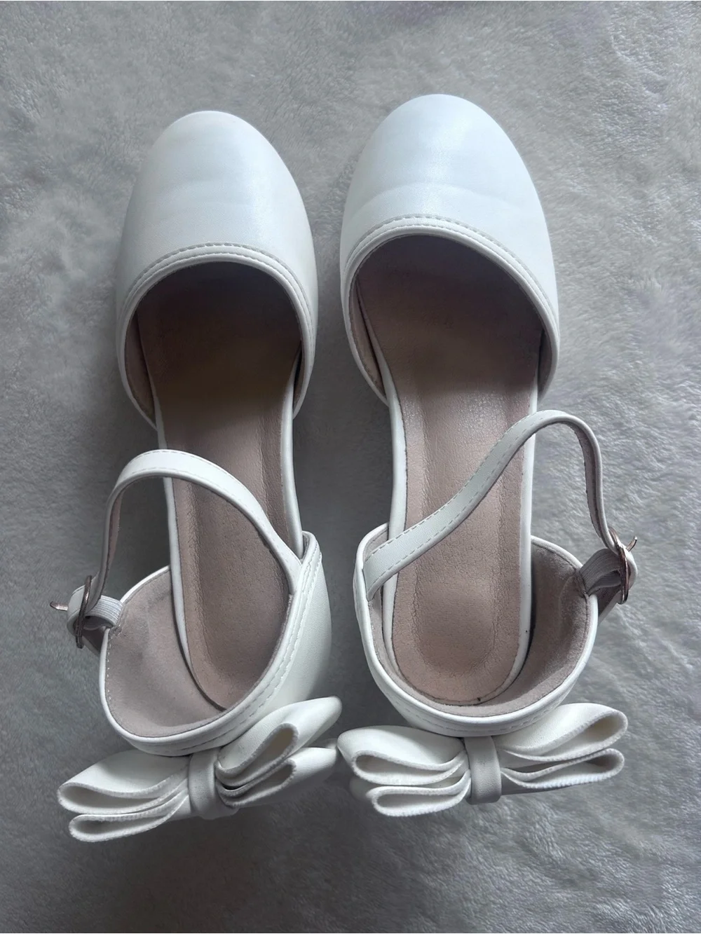 White Bow Accent Ankle-Strap Kitten Heels